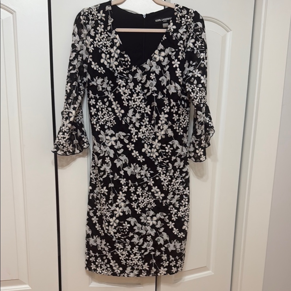 Karl Lagerfeld Black and White Cocktail Dress with V-Neck